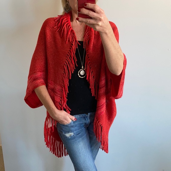 Sweaters - Red Fringed Sweater Kimono/Wrap